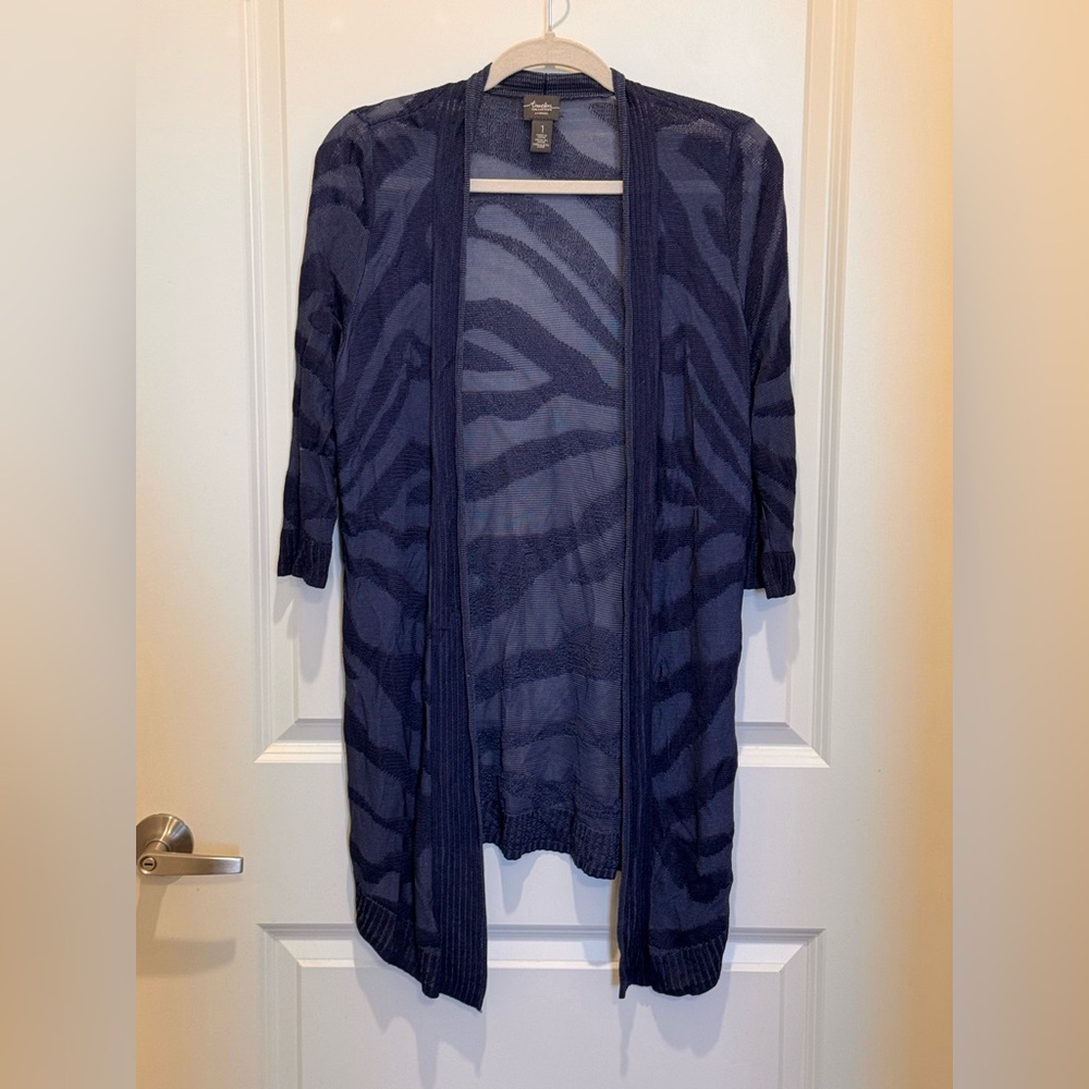 Chico's Navy Zebra-Print Open Front Cardigan